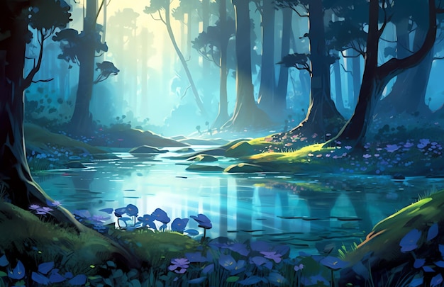 Background fantasy mystical forest with blue dark illustration design