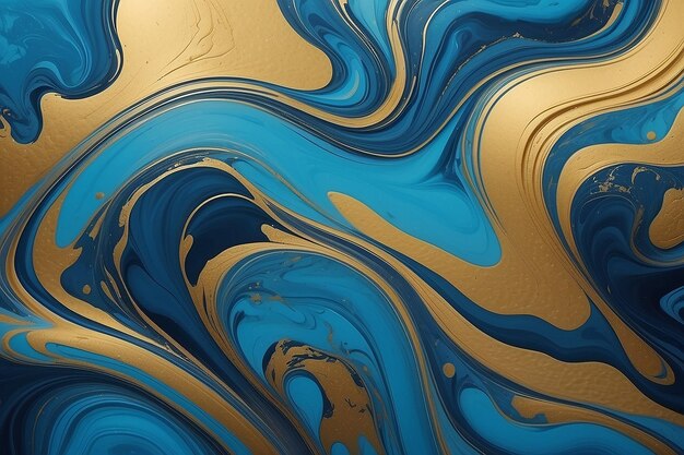 The background features an abstract blue and gold pattern formed by the flow of colors from a marble liquid ink art with gold lines