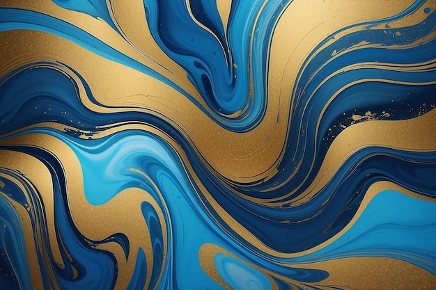 The background features an abstract blue and gold pattern formed by the flow of colors from a marble liquid ink art with gold lines
