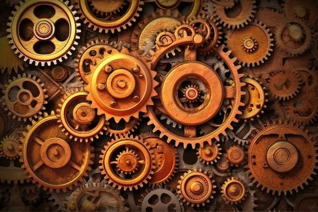 The background features steampunk rusty machinery gears Illustration Generative AI