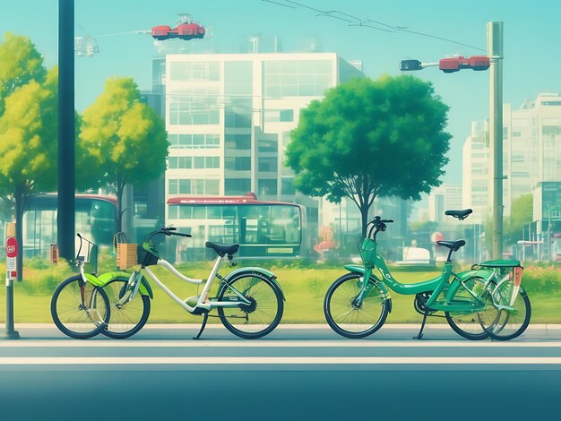 A background featuring ecofriendly modes of transportation such as bicycles electric cars