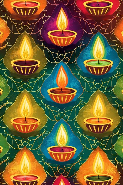 a background featuring a lattice pattern interspersed with stylized Holi diyas