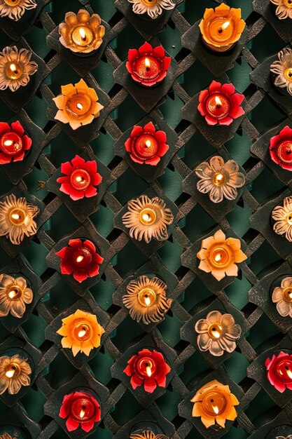 a background featuring a lattice pattern interspersed with stylized Holi diyas