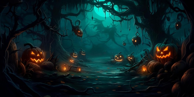 Background featuring a spooky forest with twisted trees glowing jacko'lanterns and mysterious shadows Generative AI