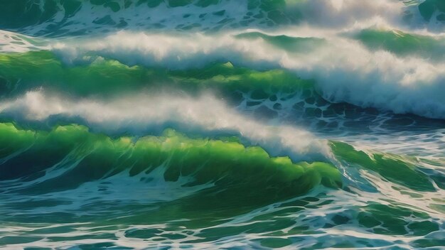 Background featuring waves in shades of green and blue creating a visually captivating display of fl