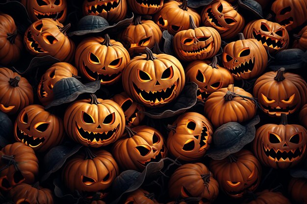 Photo background for a festive halloween greeting card with a group of scary pumpkins at night