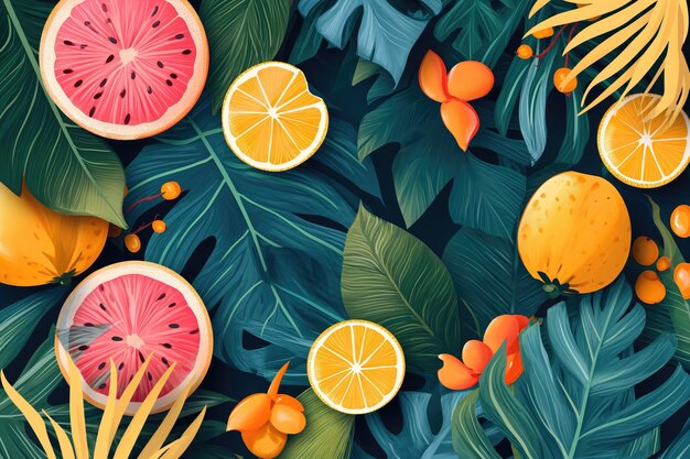 Background filled illustrated tropical leaves and fruits