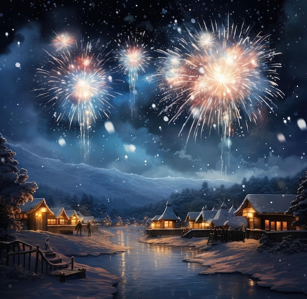 Background of fireworks on sky and worn wooden desk magic night Christmas background for postcard Ge