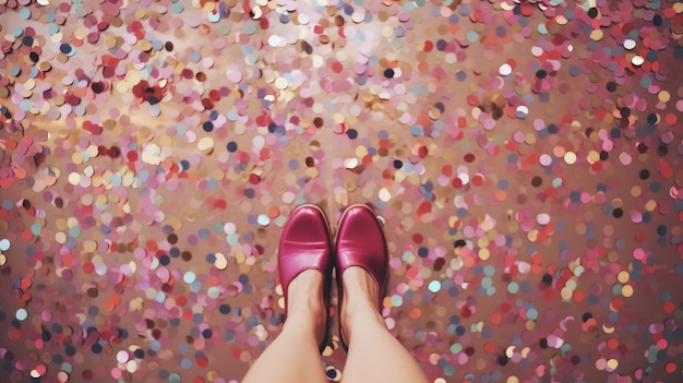 Photo background floor with shining confetti and legs cleaning up after the holiday the consequences