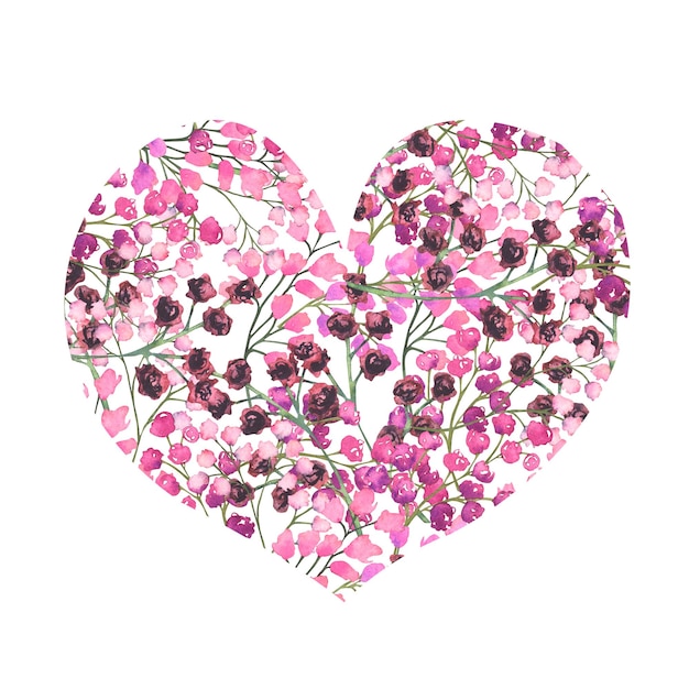 Background of floral elements in pink colors in the form of a hearts Watercolor print of small floral elements