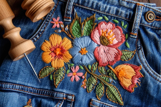 Photo background of floral embroidery on top of the denim fabric