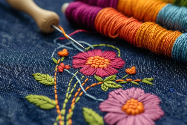 Background of floral embroidery on top of the denim fabric