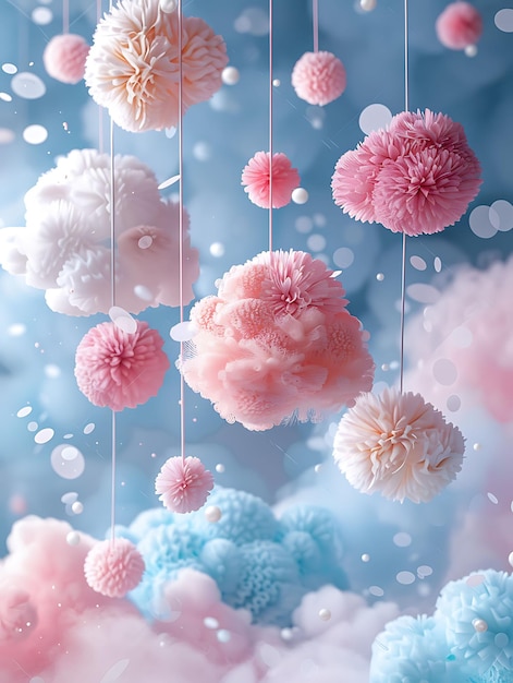 Background of Fluffy Pom Pom Clouds Created With Fluffy Pom Poms Tactile C Collage Layout Art