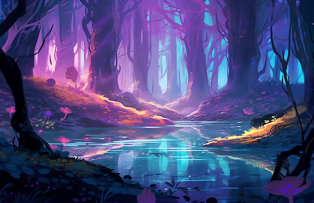 фоновый лес для игровых обоев мистический дизайн иллюстрация с красивым фиолетовым цветом
