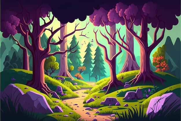 Foto illustrazione della foresta di sfondo, paesaggio in stile cartone animato, sfondo della natura infinita per i giochi per computer