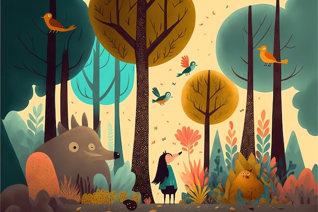 Background Forest Illustration, Colorful with Flat Unique Style,For all types of printable you want