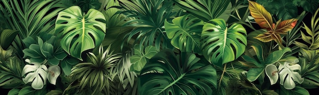 Фон, созданный тропическими комнатными растениями, такими как монстера и пальмовые листья, может быть описан