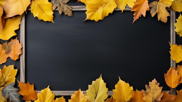 background frame school chalkboard black framed with yellow autumn leaves.