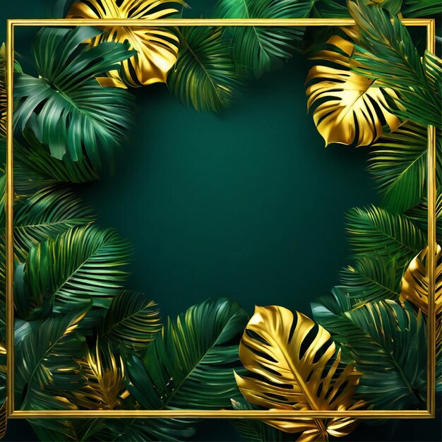 background frame with golden and blue tropical leaves generate ai npro photo