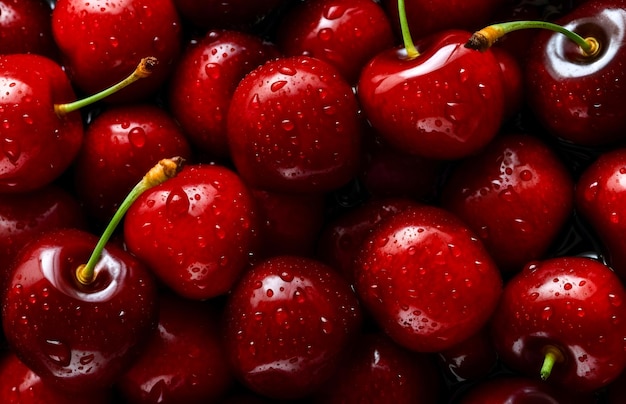 Background of fresh cherries A close up of cherries with the water drops on them