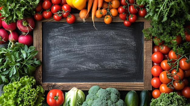A background of fresh fruits and vegetables with an empty chalkboard in the middle