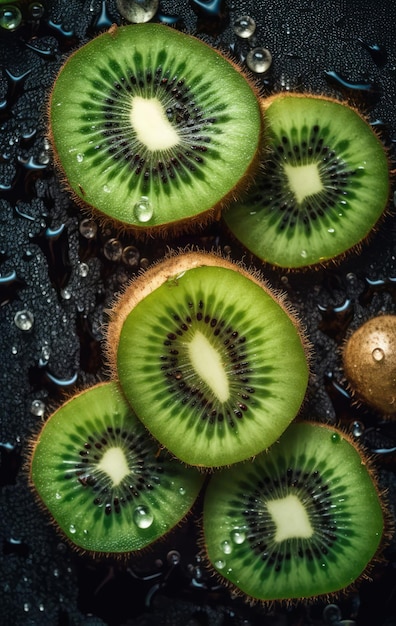 Background of fresh kiwi slices with water drops AI generative