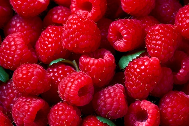 Background of fresh raspberries with green leaves