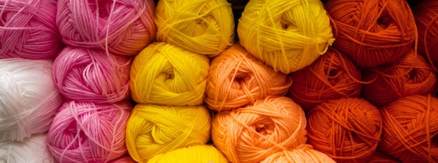 クローズアップを編むための色とりどりのふわふわウール糸の背景バナー形式