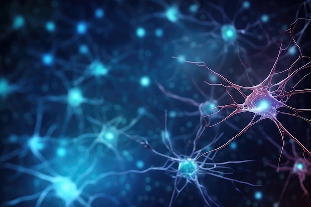 Sfondio da cellule nervose o reti neurali con attività cellulare tra loro sistema nervoso umano e concetto di attività cerebrale ai generato