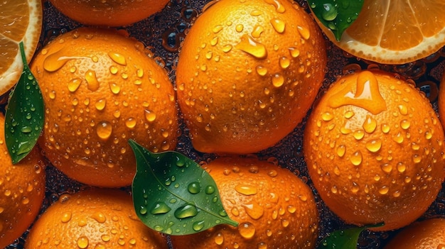 Background from ripe colorful orange with splashes of water Al generated