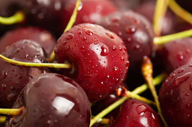 Background from sweet fresh wet  red cherry, macro image