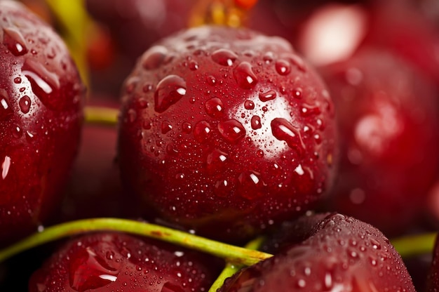 Background from sweet fresh wet red cherry macro image