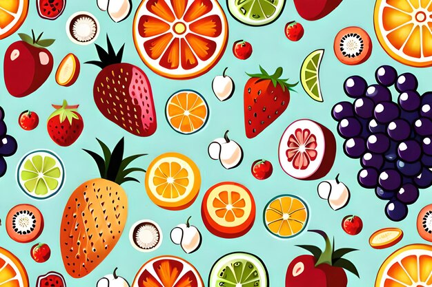 A background of fruit including a strawberry, blueberry, lemon, and other fruits.