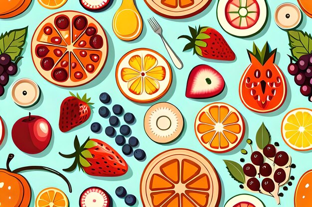 A background of fruits and berries with a fork.