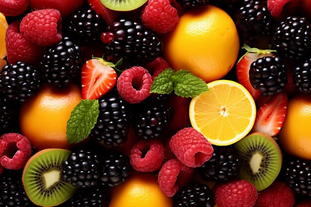 A background of fruits including strawberries