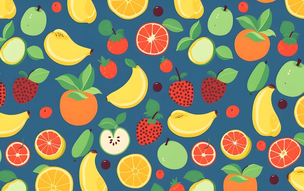 A background of fruits and vegetables including a lemon, orange, lemon, and other fruits.