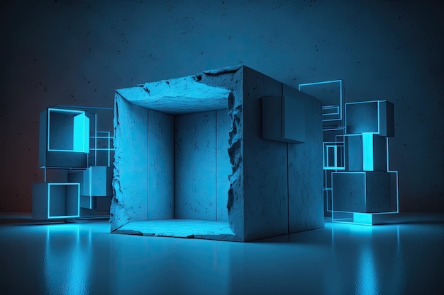 未来的な建築の背景コンクリートの壁に囲まれたボックス 青い部屋のインテリア