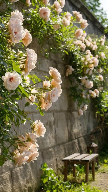 Photo background of gentle light pink roses on stonewall in garden summer day