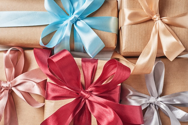 Background of gift boxes with a ribbon , close up