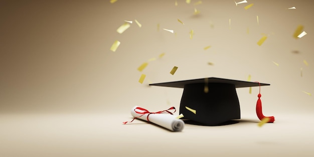 The background of the graduation ceremony's graduation cap and the concept of celebrating the degree 3d rendering