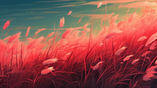 The background of the grass is in red color