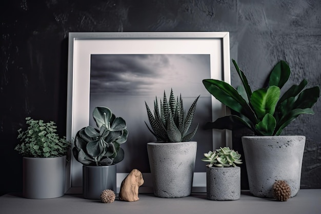 Photo on a background of gray concrete there are miniature cactus in flower pots and a mock up of a white frame with a poster copy area