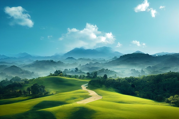 Background of green grass field on hills and blue sky 2D Illustration