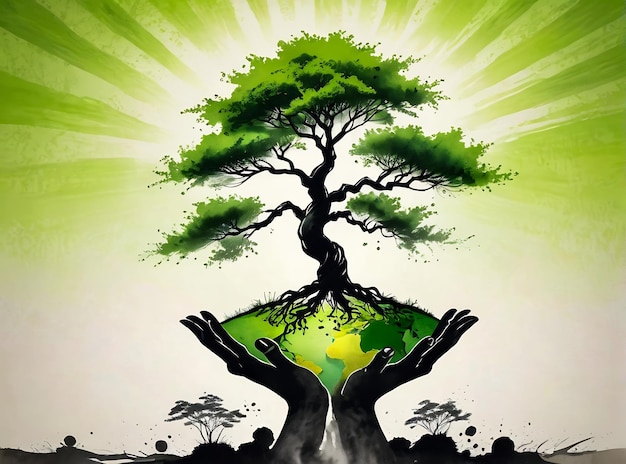 background green growing tree earth day green eco tree earth background earth in hand