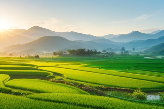 фон зеленых гор и рисовых полей, подверженных утреннему солнечному свету