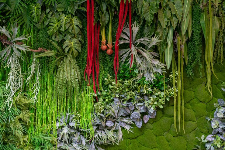Photo background of green plants from plastic