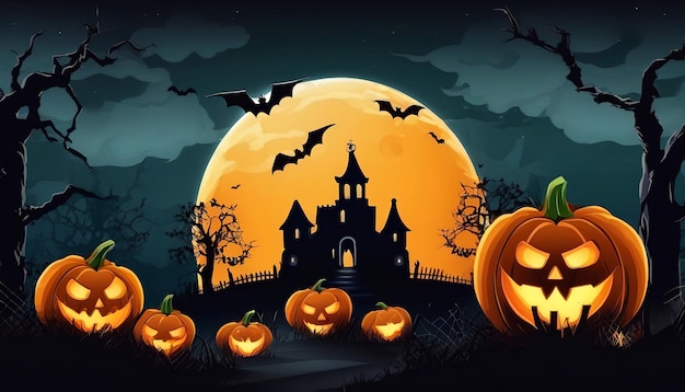 Background for Halloween Cemetery with pumpkins on a spooky night