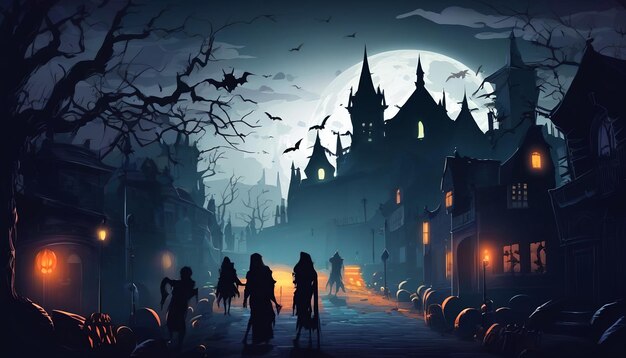할로윈의 배경 어두운 신비로운 도시에서 공포스러운 밤에 걸어가는 좀비 군중 할로윈