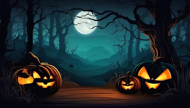 Photo background for halloween dark mysterious forest with pumpkins on a spooky night