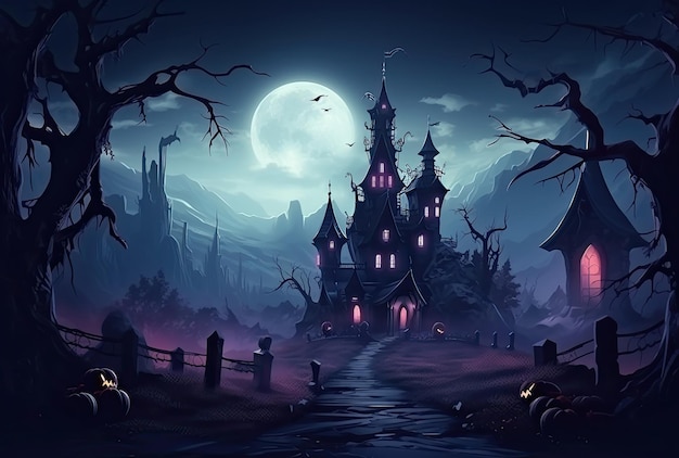 Background for Halloween old gothic castle Haunted mansion on a scary night Generative AI